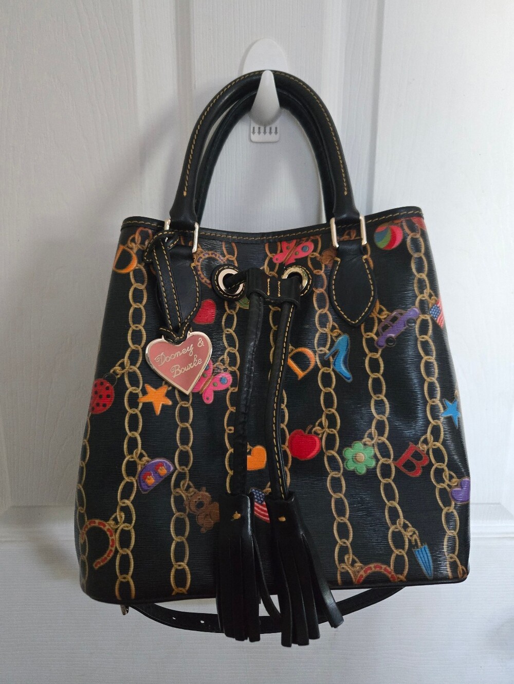 Dooney & Bourke Black Chain-Print Drawstring Bucket Bag with Tassels